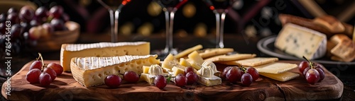 An assortment of cheese and grapes on a wooden board with wine in the background
