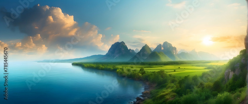 A Photoshop montage of idyllic scenery combining elements like ocean  mountains  and green fields against a sunset