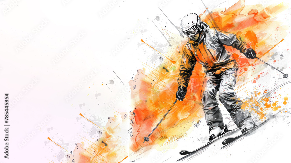Skier in action on slope of the snow in orange watercolor painting art