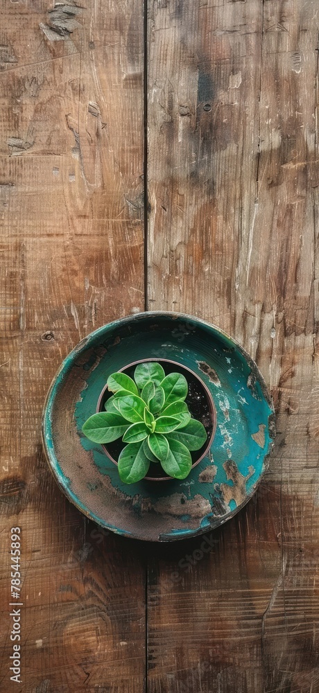 Greenery in a bowl placed on wooden table. Organic decor display
