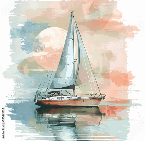 Art paint of sailboat on water, with mast and boat in ocean