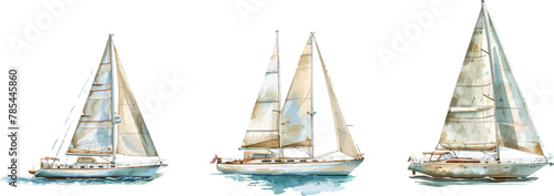 A watercolor painting of three sailboats on white background