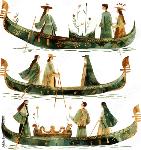 Watercolor vector illustration with gondolier paddling gondola along Venetian