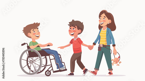 Happy children are walking with disabled or recoverin