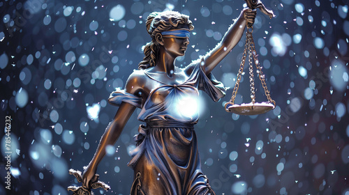 Statue of Justice with Scales and Sword on Snowy Abstract Background