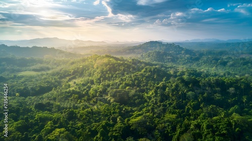 An aerial panorama view of tropical rainforest. Panoramic landscape of green jungle  Tropical rain forest jungle.