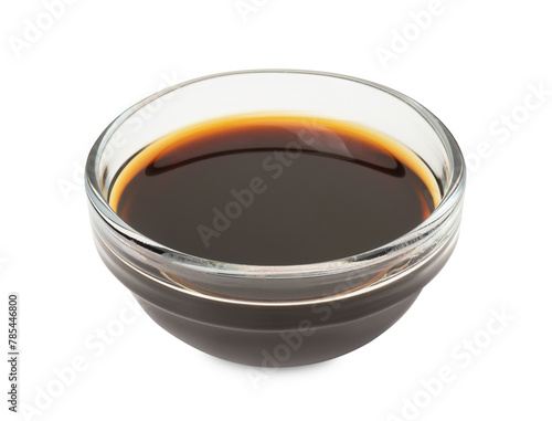 Tasty soy sauce in glass bowl isolated on white