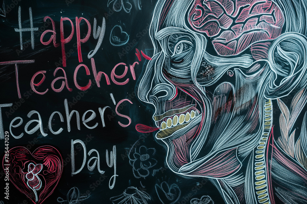 A close-up of a blackboard featuring an intricate chalk drawing of the human anatomy, with 