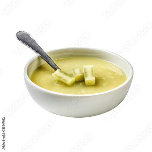 bowl of soup with spoon on transparent background, clipping path, png, 