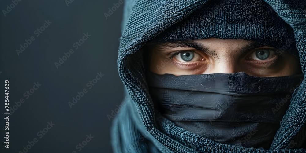 Hooded Masked Figure in Shadowy Urban Setting Displaying Worried Cautious Expression with Furrowed Brow Conveying Sense of Suspense Danger and