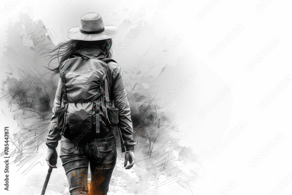 Fototapeta premium Pencil Sketch art of a woman hiking in forest, adventure