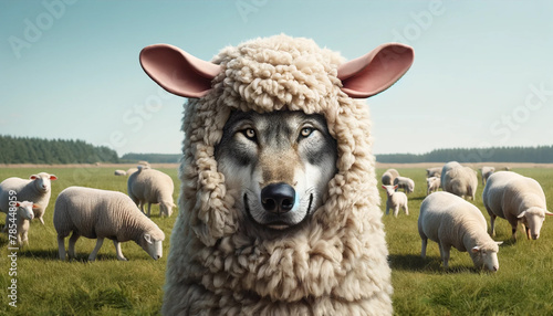 A wolf with fierce amber eyes sparkling through a hole in the sheep's wool. The costume makes it almost indistinguishable from a real sheep. photo