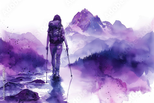 Purple watercolor painting of a female hiking in forest, adventure photo