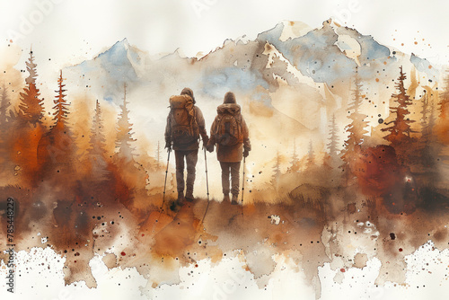 Brown watercolor painting of a couple hiking in forest, adventure