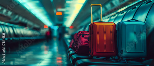 Travel mock with suitcase or luggage,accessories, Bags for trip. Blurred airport background and plane. Vacation, travel, adventure tourism leisure concept. Generative ai