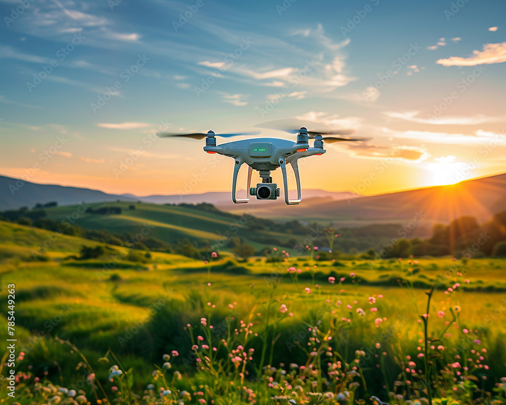 Drone, hovering above a peaceful countryside