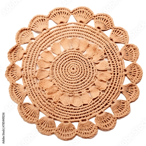 Round handmade crafted crochet raffia placemat with fringes isolated over a white background photo