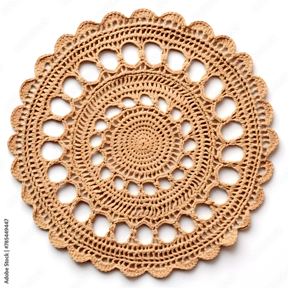Round handmade crafted crochet raffia placemat with fringes isolated over a white background Round handmade crafted crochet raffia placemat with fringes isolated over a white background
