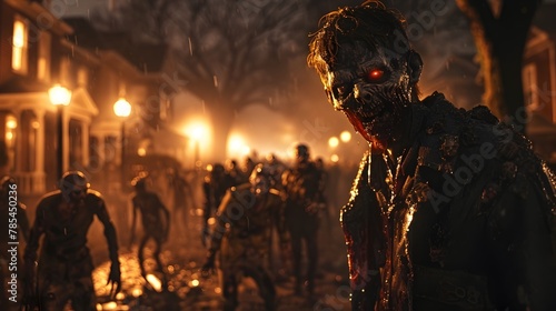 Eerie Zombie Mob Descending on Suburban Neighborhood Ghastly Forms Illuminated by Streetlights