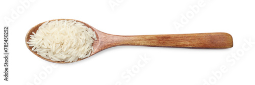Raw basmati rice in spoon isolated on white, top view