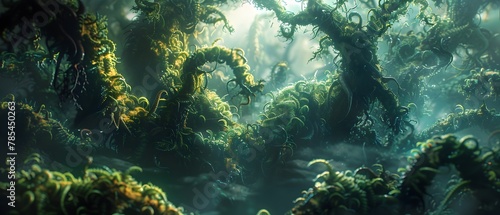 Enchanted Eerie Forest with Macabre Predator Like Plants Twisting and Turning in Spooky Supernatural Atmosphere photo