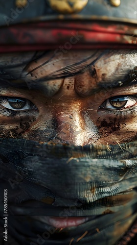 Haunting Gaze of a Battle Hardened Samurai the Stormy Sky Reflected in His Piercing Eyes Filled with Turmoil and Longing