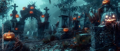 Haunting Halloween Graveyard Spooky and Ominous Atmosphere in an Abandoned Overgrown Final Resting Place