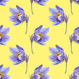 Seamless pattern of watercolor purple dream grass flowers. Hand drawn illustration. Botanical hand painted floral elements. On yellow  background. For print decoration, fabric, wrapping, wallpaper