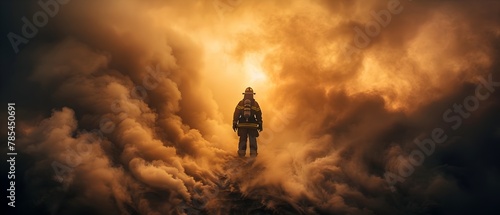 Solitary Firefighter Facing the Fury of Swirling Smoke in an Intense Blaze Highlighting the Stark Realities and Heroic Dedication of Firefighting