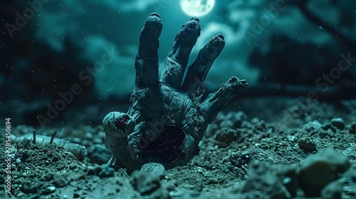Sinister Zombie Hand Emerging from the Ghostly Moonlit Ground Setting the Stage for Halloween Horror photo