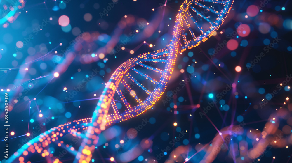 Glowing DNA Strand in Microscopic Detail with Bokeh Effect Glowing DNA Strand in Microscopic Detail with Bokeh Effect