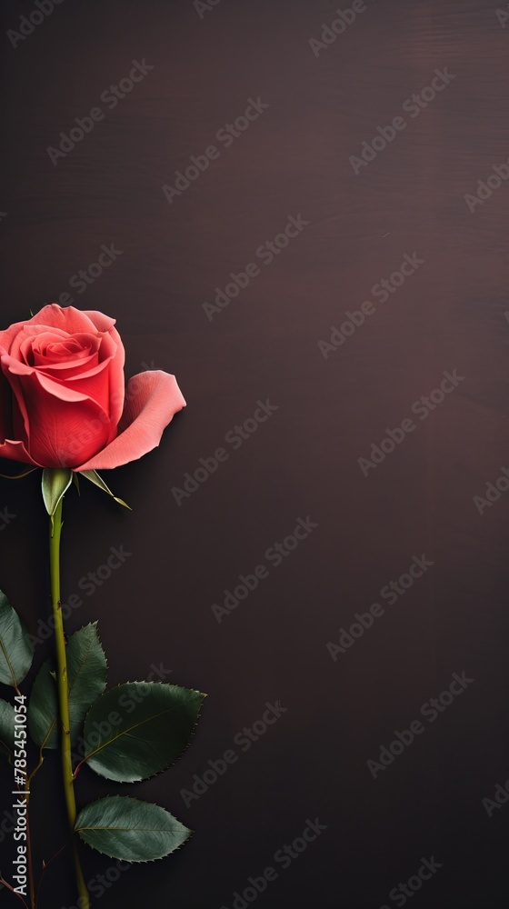 Rose background with dark rose paper on the right side, minimalistic background, copy space concept, top view, flat lay