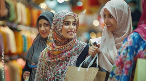 A group of Middle Eastern women in hijab shopping for gifts at a department store