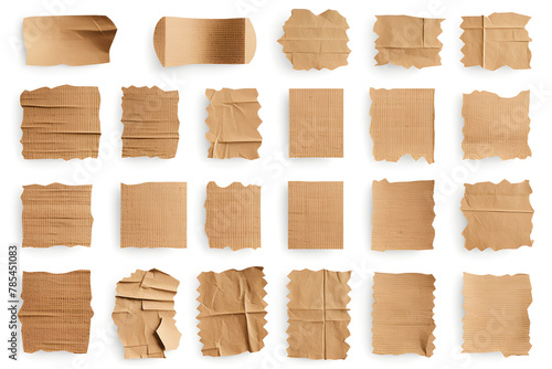 Collection of ripped pieces of corrugated cardboard isolated on white background