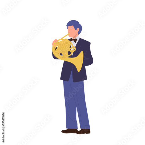 Inspirited talented man musician cartoon character performing on stage playing trombone french horn