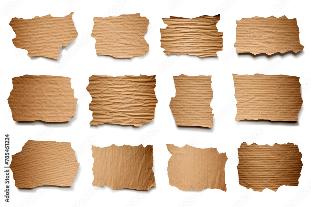 Collection of ripped pieces of corrugated cardboard isolated on white background Collection of ripped pieces of corrugated cardboard isolated on white background