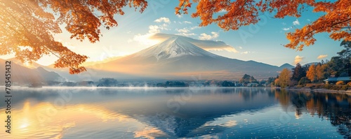 Early morning glow over Lake Kawaguchiko with Mount Fuji's iconic peak. © taelefoto