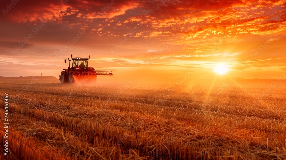Agricultural tractor performing tasks at sunset with informative infographic data