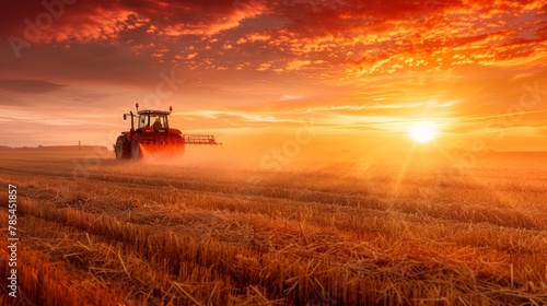 Agricultural tractor performing tasks at sunset with informative infographic data