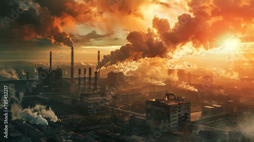 Industrial cityscape at sunset with factories and smoke