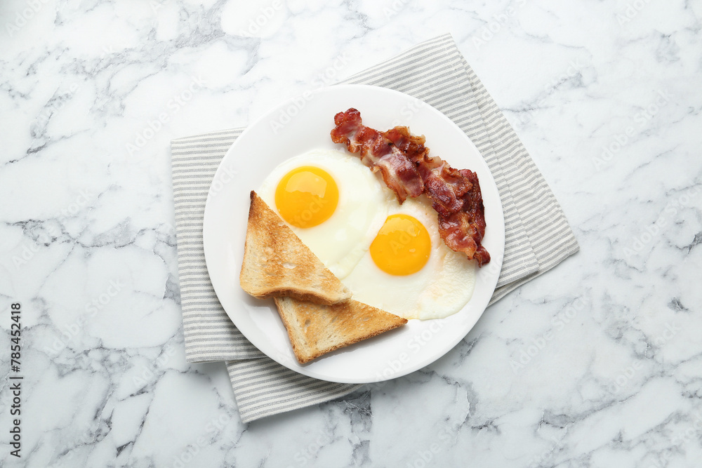 © New Africa - Delicious breakfast with sunny side up eggs on white marble table, top view © New Africa - Delicious breakfast with sunny side up eggs on white marble table, top view