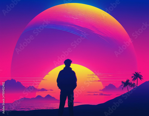 silhouette of a person standing on a rock, vaporwave wallpaper