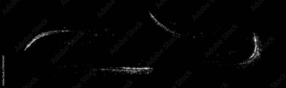 Magical shiny magical whit comets. Festive clots of whit dust. Abstract light patterns of small glowing dust particles. Dust texture for background. Decor element for cards, invitations, backgrounds.	
