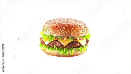 Burger rotating beef, bun, vegetables slow motion, depth of field (ID: 785452893)