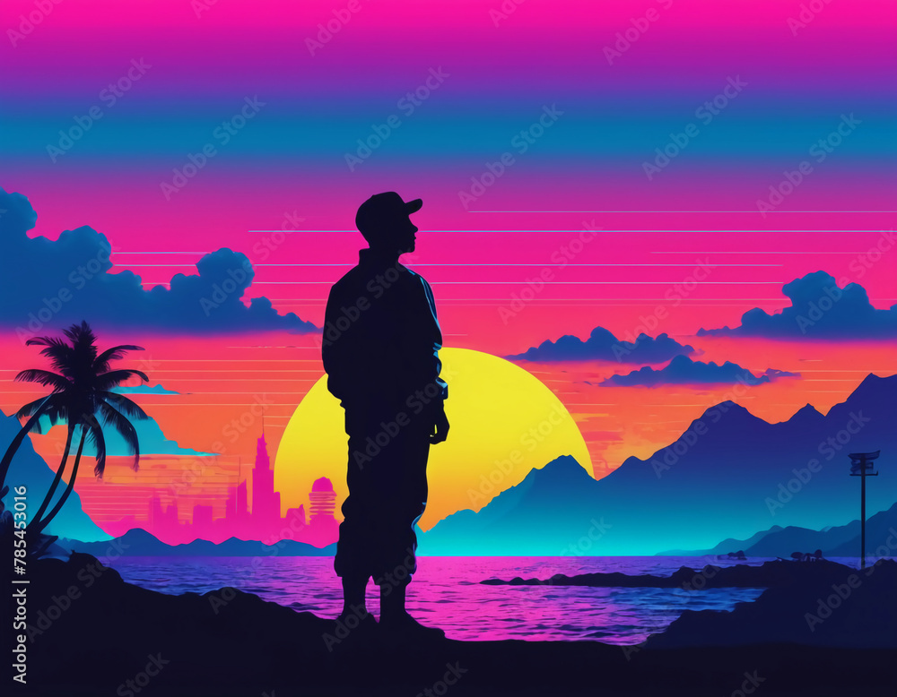 silhouette of a person looking at the city, vaporwave wallpaper