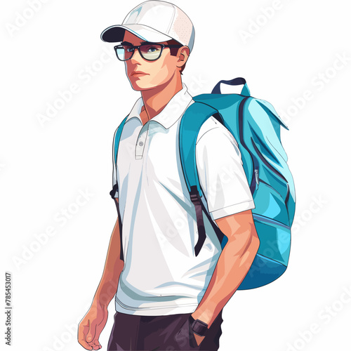 a man with a blue backpack and glasses