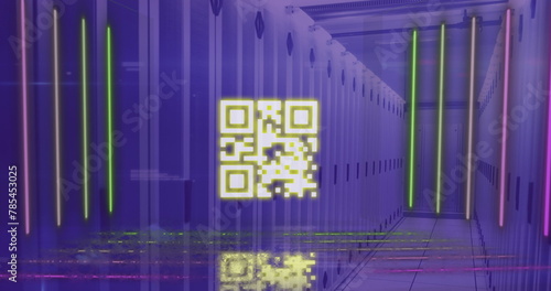Image of data processing and qr code over computer servers