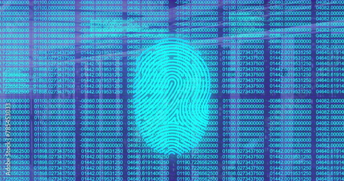 Image of fingerprint scanner over data processing against blue background