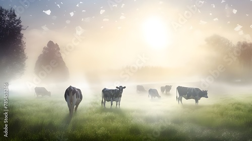 cows grazing grass in field coverd with fog
 photo