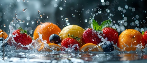 Fruits and Vegetables in Dynamic Splash Symphony. Concept Food Photography, Splash Photography, Colorful Compositions, High-Speed Photography photo